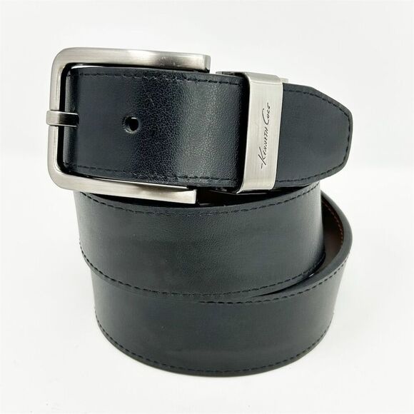 Kenneth Cole Men's Black Italian Leather Dress Belt Size 36 Silver Tone Buckle - Picture 1 of 10
